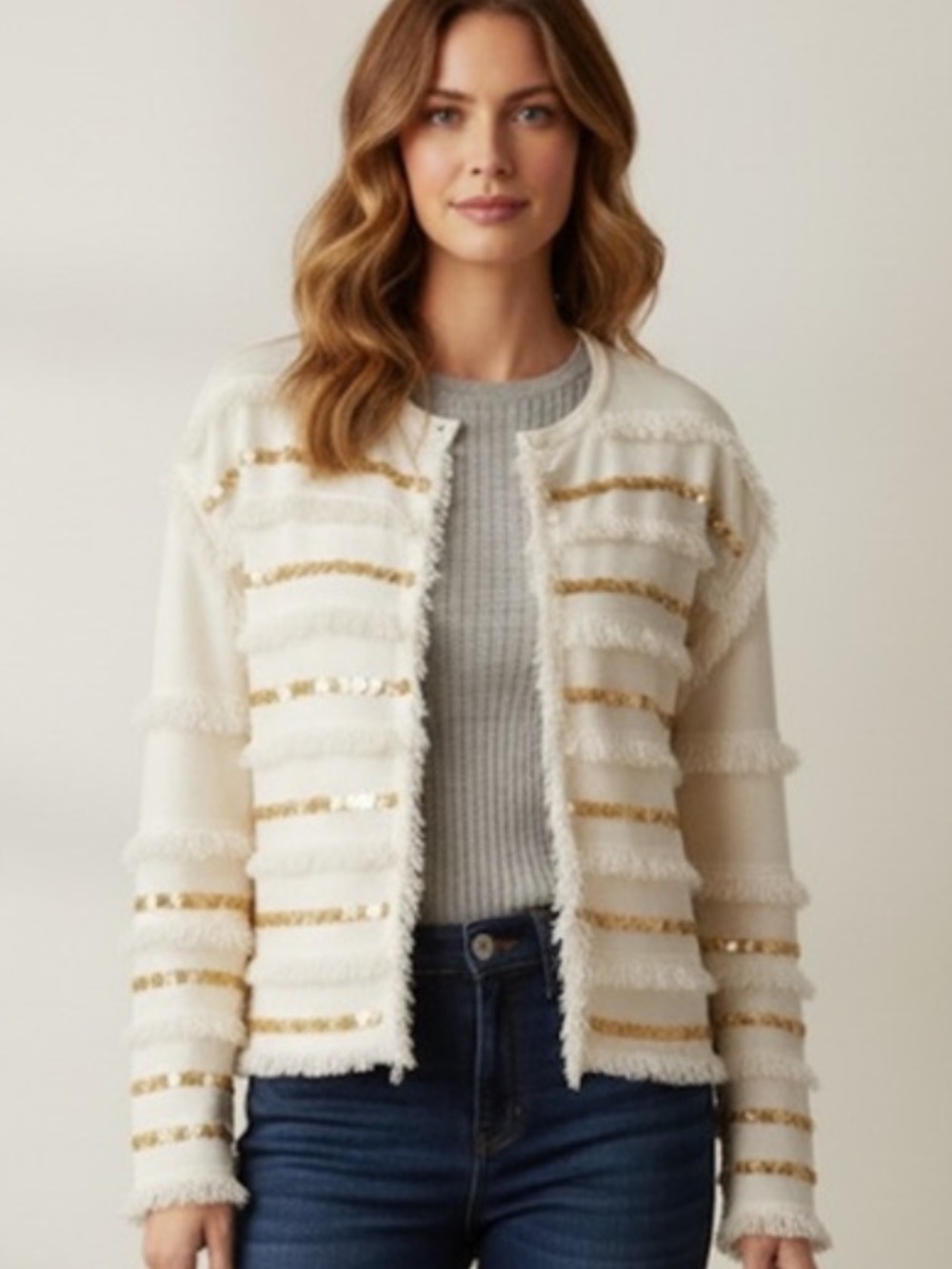 EK Edinburgh Cream Gold Bouclé Fringe Wool Cardigan